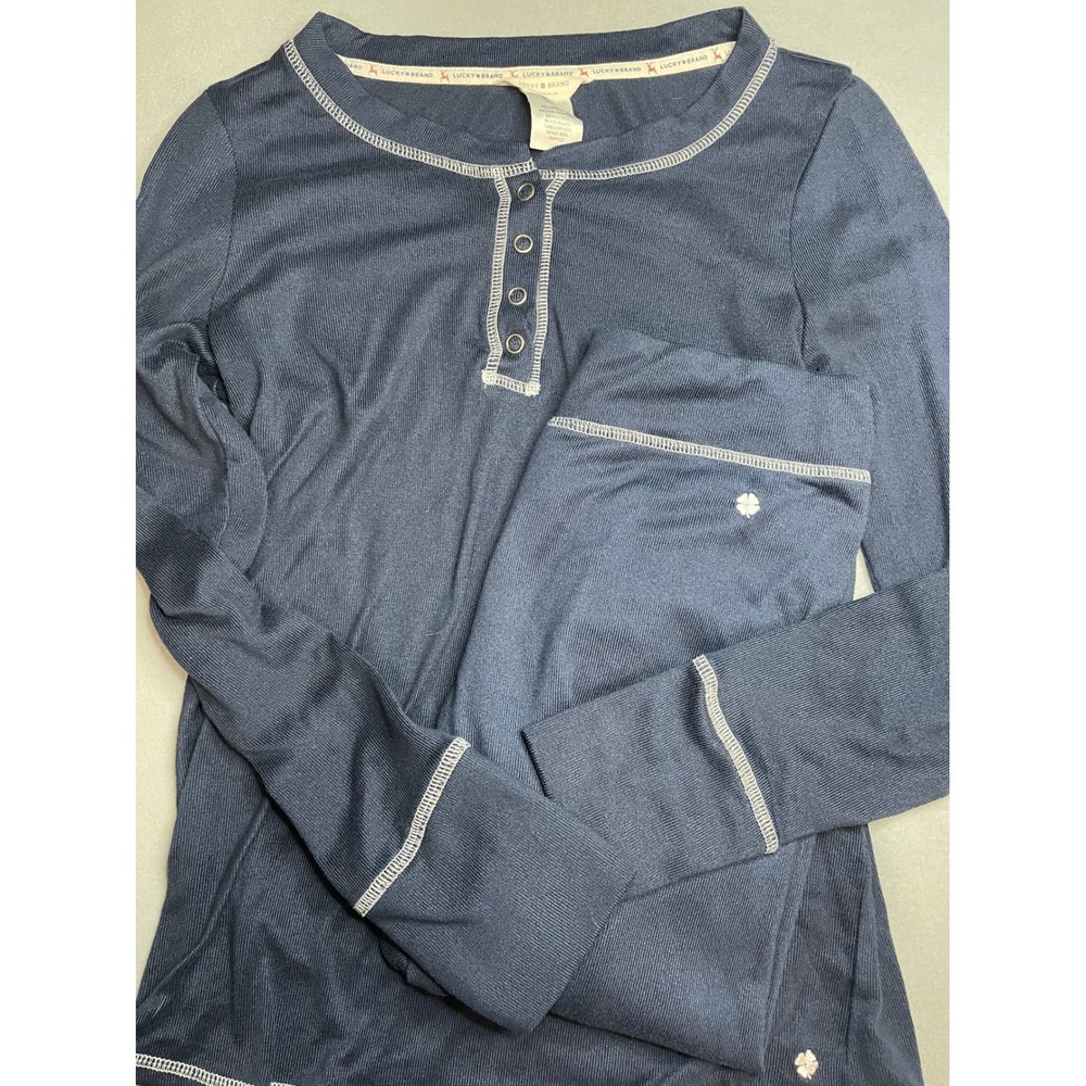 Lucky Brand Womens Navy Blue Ribbed‎ Henley Pajama Set Long Sleeve Small RN71222